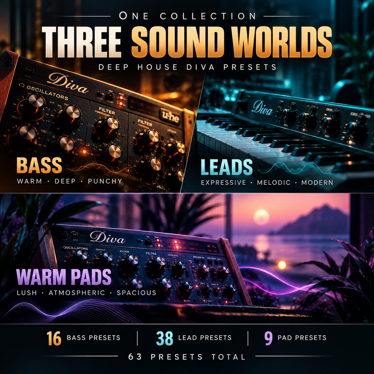 Promotional graphic for a preset pack titled 'Three Sound Worlds' with three stylized dark house/EDM preset categories: Bass, Leads, and Warm Pads. The design uses dramatic neon lighting, close-up instrument imagery, and text overlays indicating the number of presets in each category and a total of 63 presets.