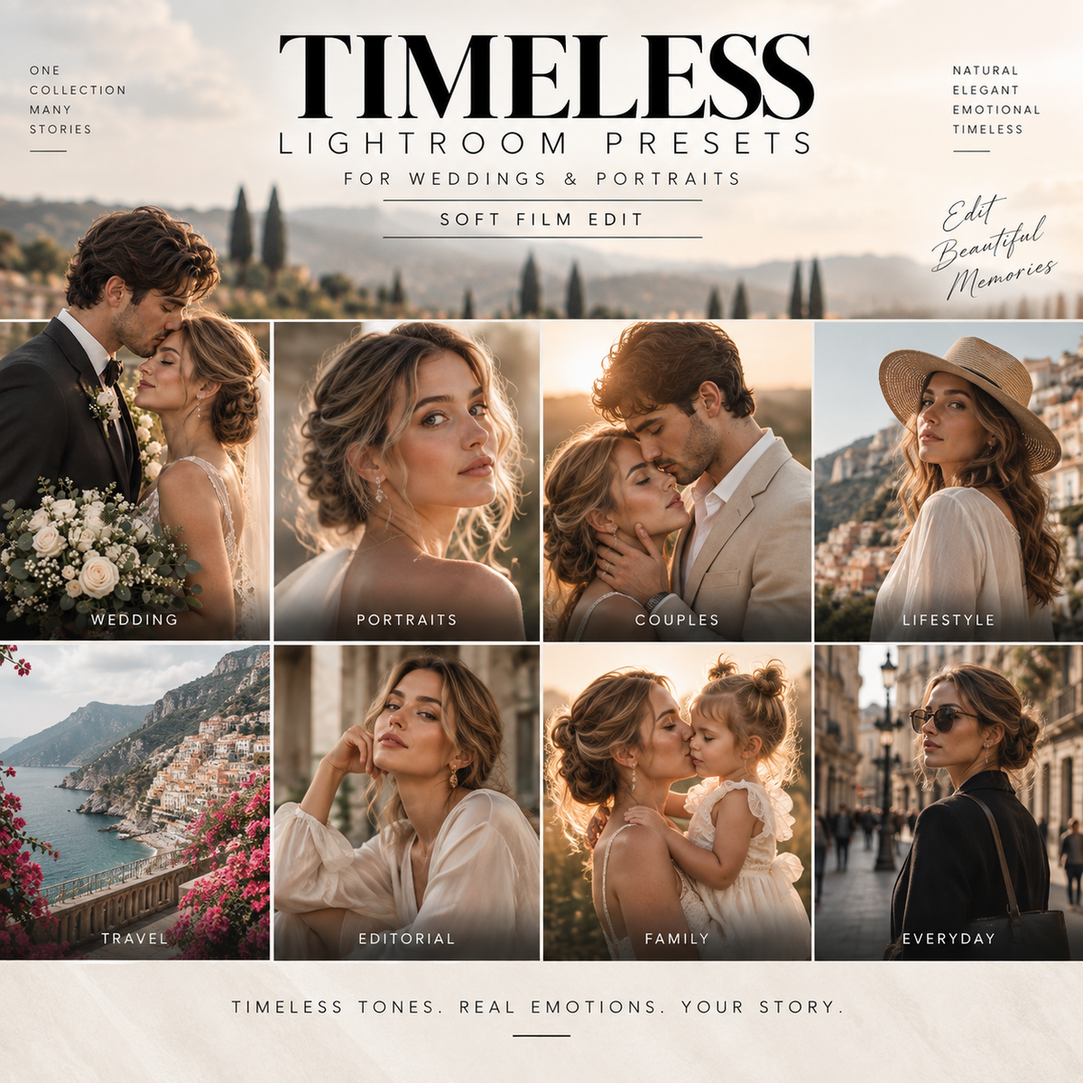 Promotional graphic for 'Timeless Lightroom Presets' showing a grid of eight warm-toned portrait and travel photos with labels such as Wedding, Portraits, Couples, Lifestyle, Travel, Editorial, Family, and Everyday. Large text at the top reads 'TIMELESS' and 'LIGHTROOM PRESETS FOR WEDDINGS & PORTRAITS', with smaller copy about soft film edit and editing beautiful memories.