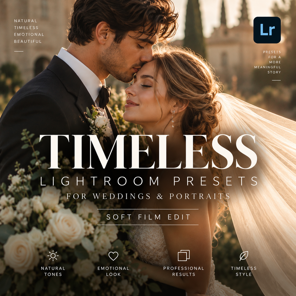 Promotional graphic for 'Timeless Lightroom Presets for Weddings & Portraits' showing a romantic couple embracing in warm golden-hour light, with large white title text and feature icons over a soft film-edit portrait scene. The Lightroom 'Lr' logo appears in the top right.