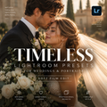 Promotional graphic for 'Timeless Lightroom Presets for Weddings & Portraits' showing a romantic couple embracing in warm golden-hour light, with large white title text and feature icons over a soft film-edit portrait scene. The Lightroom 'Lr' logo appears in the top right.