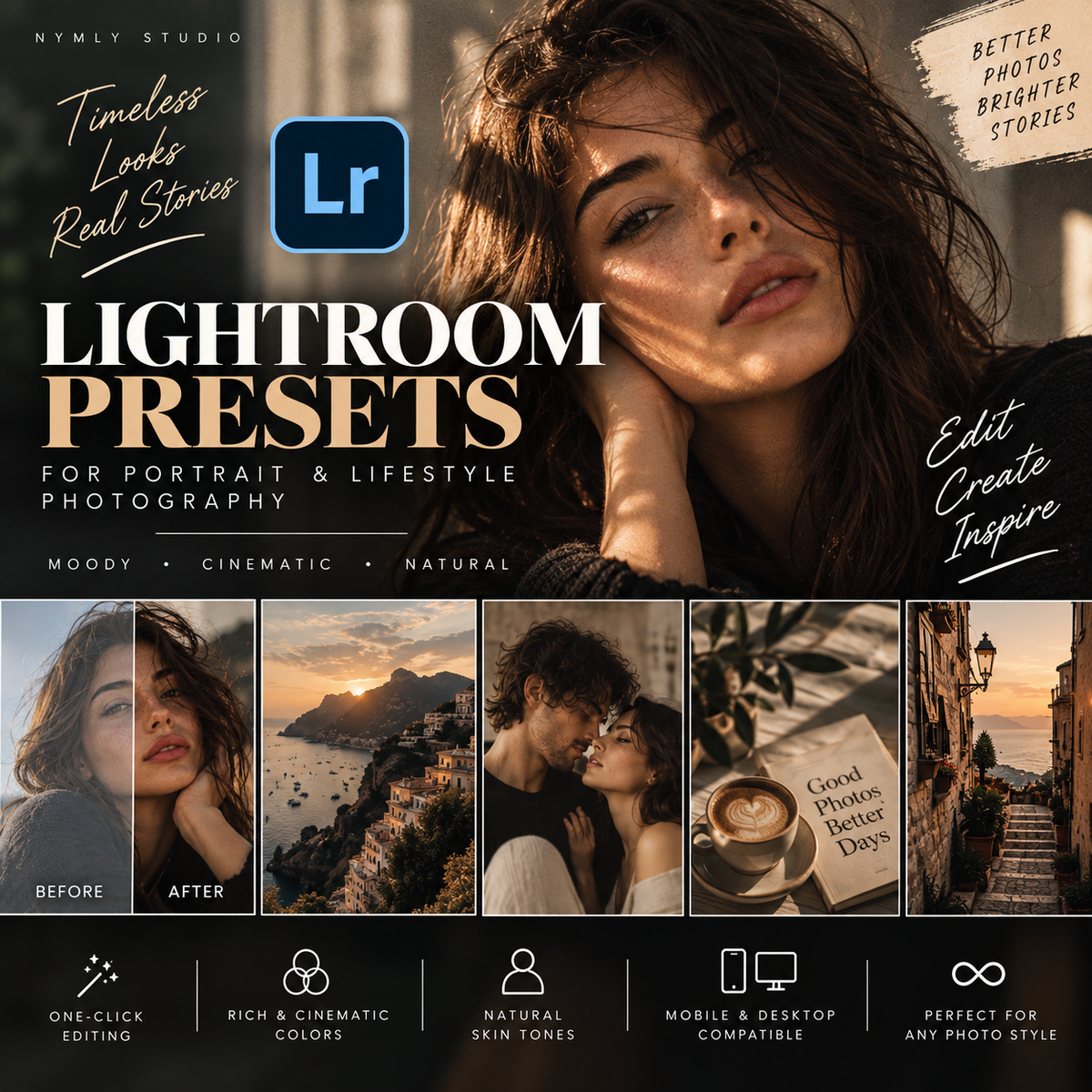Promotional graphic for Lightroom presets by Nymly Studio, showing a moody portrait of a woman, before/after photo comparison panels, and feature text including 'Timeless Looks', 'Lr', 'Lightroom Presets', and 'For Portrait & Lifestyle Photography'.
