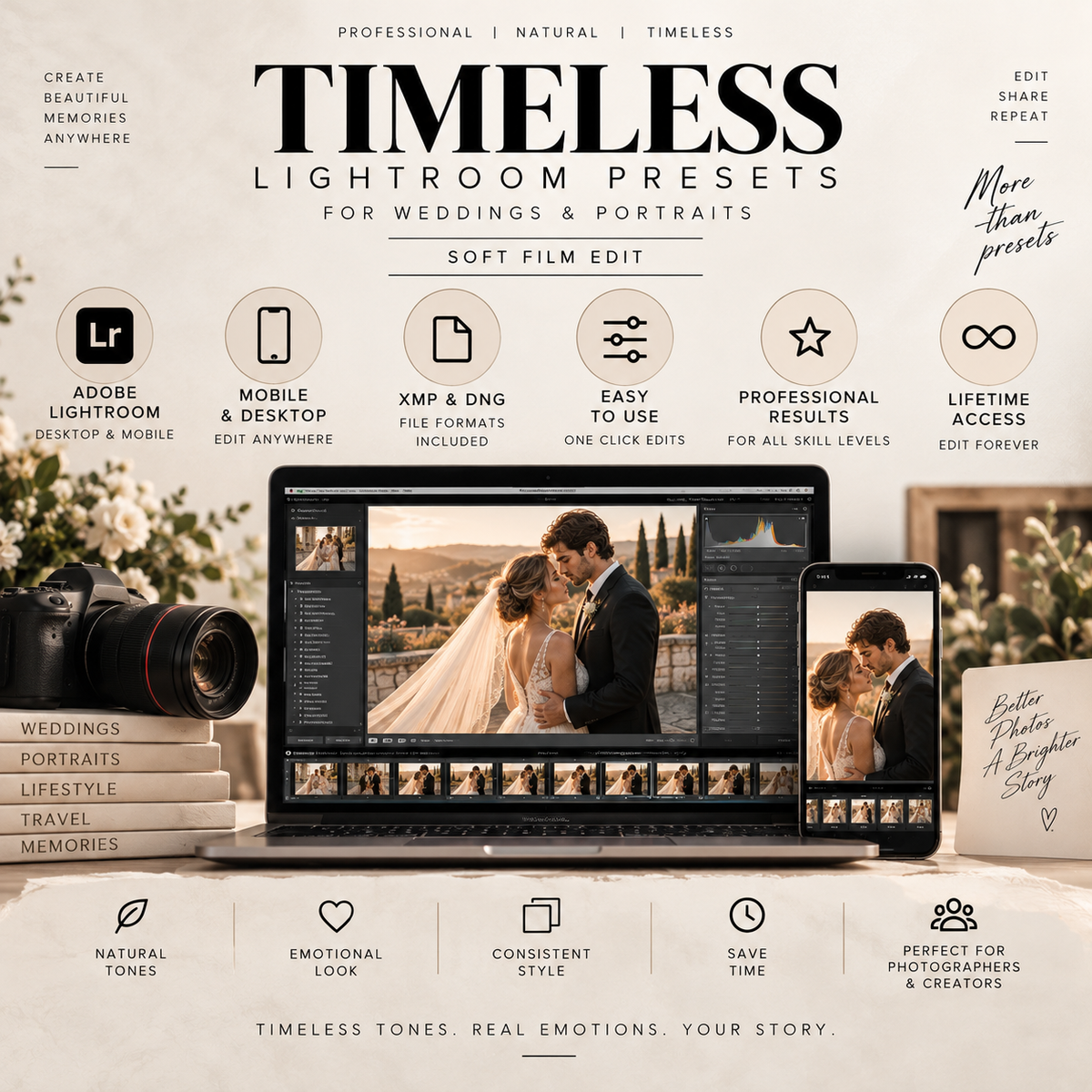 Promotional graphic for Timeless Lightroom Presets for weddings and portraits, showing a laptop and phone displaying the preset interface, surrounded by wedding-themed props including a camera, books, and framed photos on a beige background.