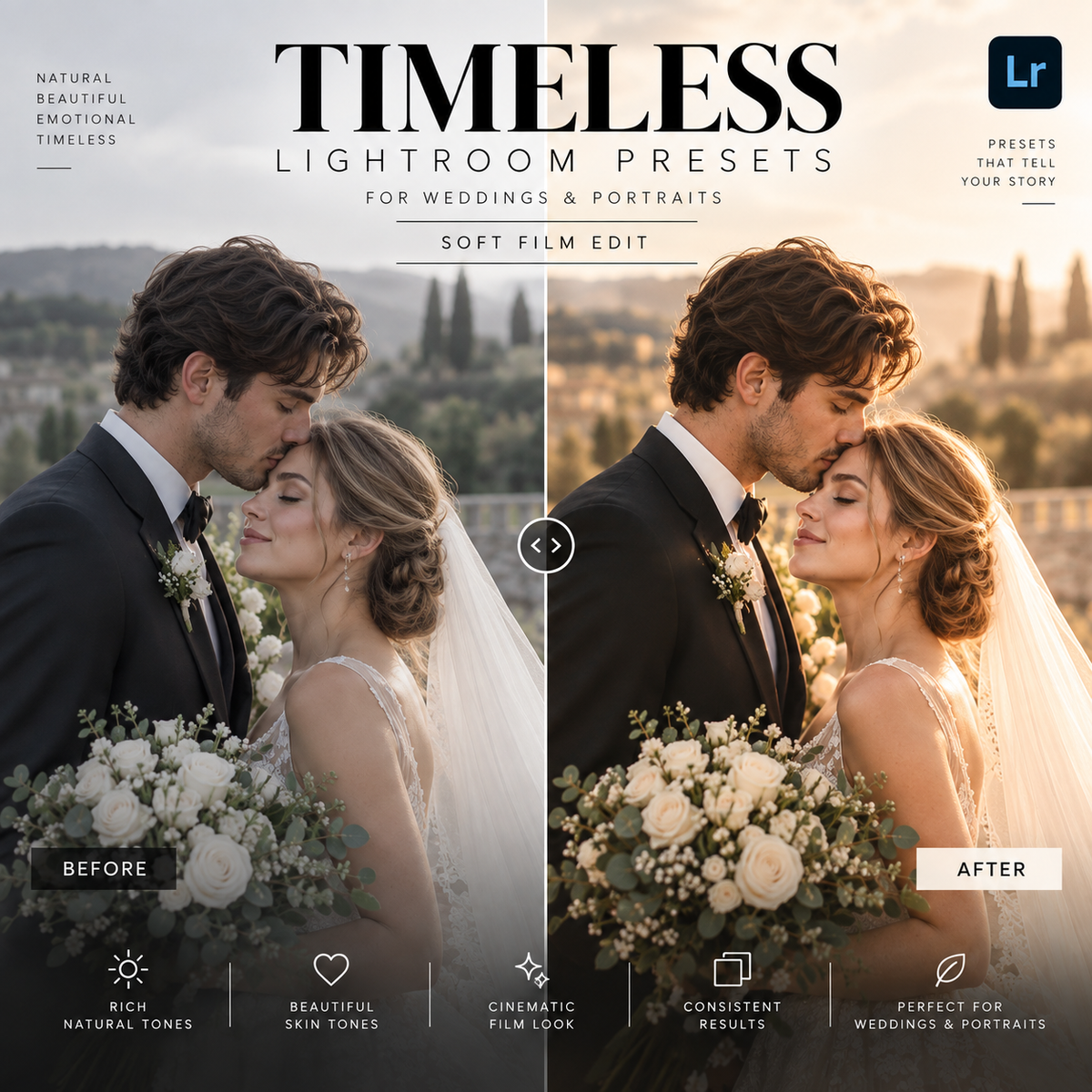 Promotional graphic for Timeless Lightroom Presets for weddings & portraits, showing a split before/after comparison of a couple on a hillside with warm golden-hour editing. Large text reads 'TIMELESS LIGHTROOM PRESETS' with an Adobe Lightroom logo in the top right.