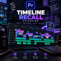 Promotional graphic for a digital software extension called Timeline Recall Extension, showing a laptop screen with Adobe Premiere Pro timeline panels, stylized text, and UI callouts on a dark purple workspace background.
