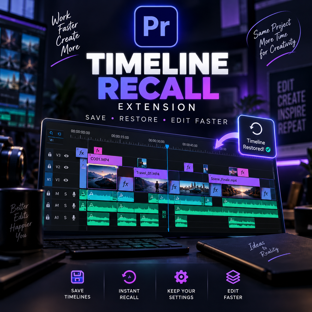 Promotional graphic for a digital software extension called Timeline Recall Extension, showing a laptop screen with Adobe Premiere Pro timeline panels, stylized text, and UI callouts on a dark purple workspace background.