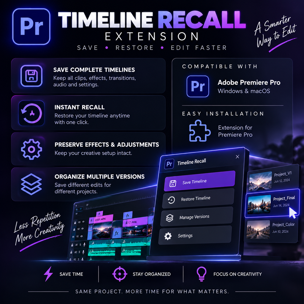 Promotional graphic for the Timeline Recall Extension for Adobe Premiere Pro, featuring a dark purple and blue design with text, icons, and a mockup of the extension interface.