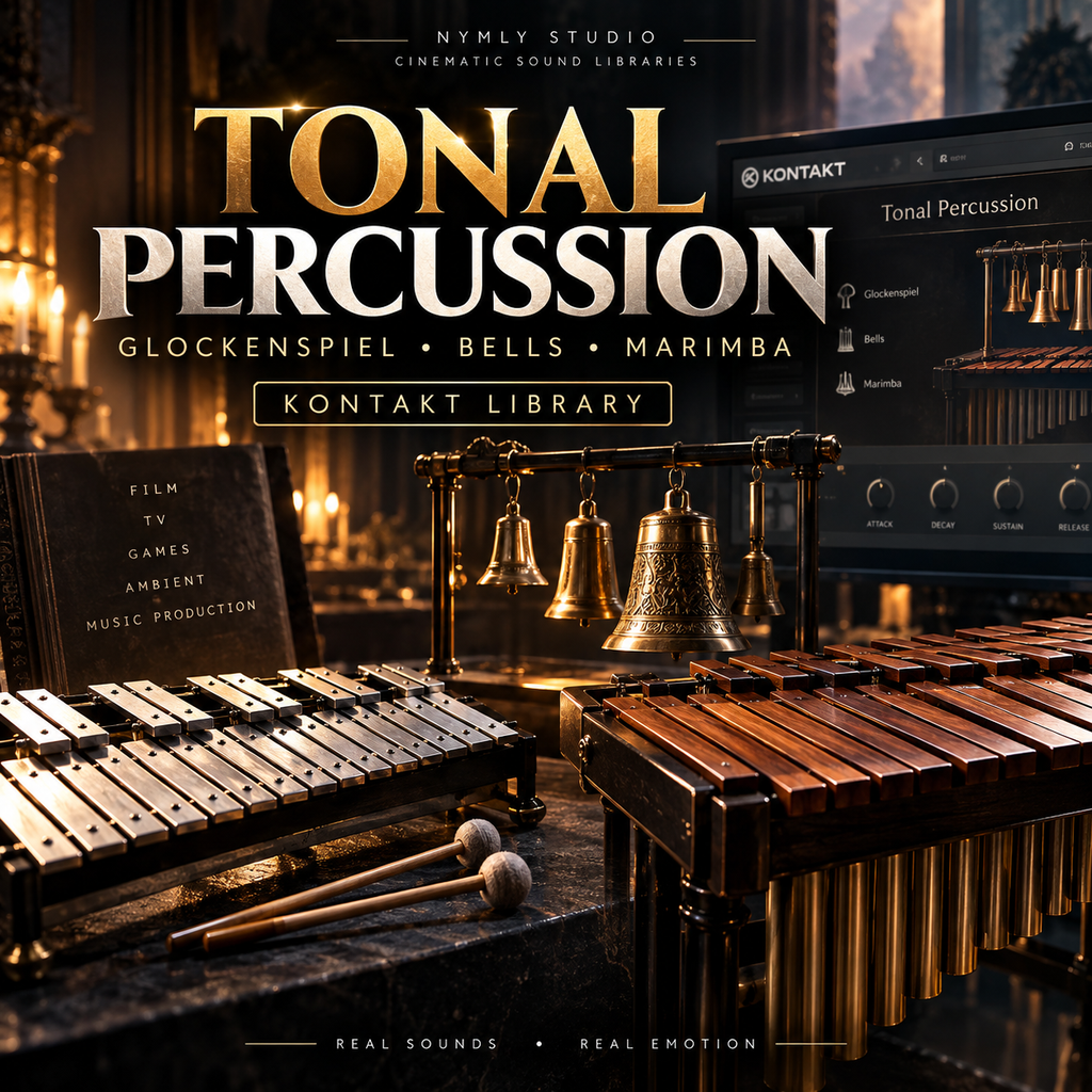 Promotional cover art for Kontakt Library Tonal Percussion by Nymly Studio, featuring a dark, atmospheric scene with brass bells, a xylophone, a wooden timpanum, and a software interface panel. Large gold and white text reads 'TONAL PERCUSION' with smaller text listing Glockenspiel, Bells, and Marimba.