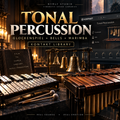 Promotional cover art for Kontakt Library Tonal Percussion by Nymly Studio, featuring a dark, atmospheric scene with brass bells, a xylophone, a wooden timpanum, and a software interface panel. Large gold and white text reads 'TONAL PERCUSION' with smaller text listing Glockenspiel, Bells, and Marimba.