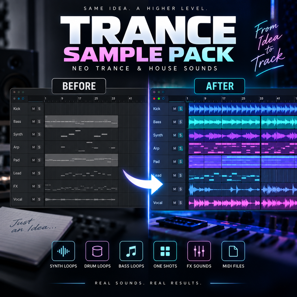 Promotional graphic for a 'Trance Sample Pack' featuring before-and-after audio editing comparisons on a digital audio workstation interface, with neon purple and blue tones, a keyboard, and sample icons at the bottom.