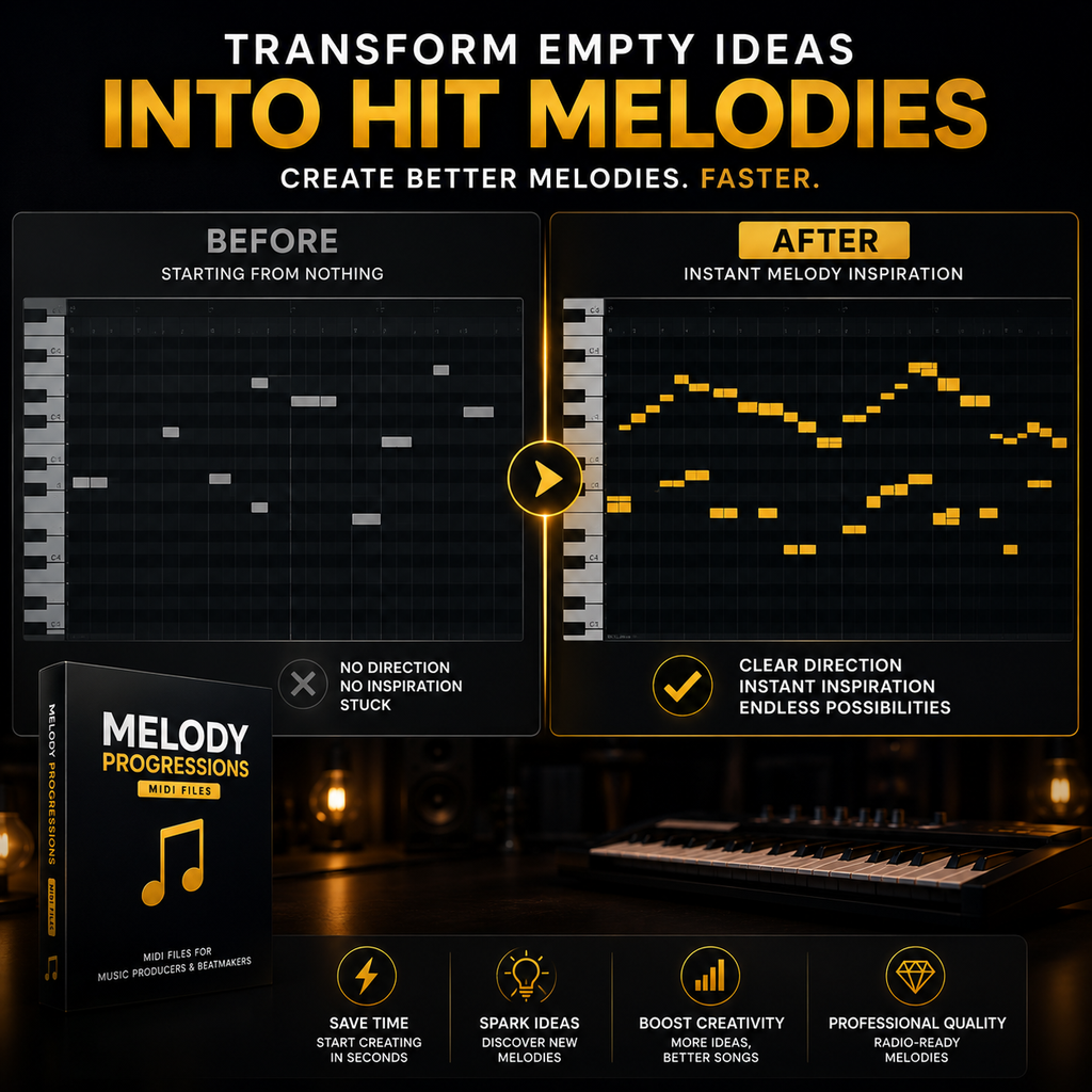 Promotional graphic for a music production software product called 'Melody Progressions Master'. The image features a dark-themed layout with a before-and-after comparison of a digital audio workstation (DAW) track editor, showing sparse white bars on the left and a full melodic composition on the right.
