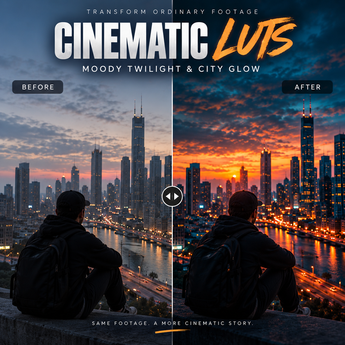 A promotional graphic for a cinematic light curve preset called 'Cinematic Luts'. The image shows a split-screen comparison labeled 'Before' and 'After' with a play icon in the center.
