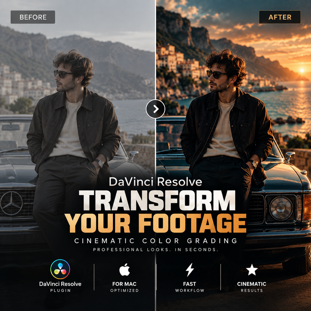 Promotional graphic for DaVinci Resolve showing a side-by-side before/after portrait edit on a man sitting on a car by the sea. Large text reads 'Transform Your Footage' with smaller text 'Cinematic Color Grading' and feature icons for DaVinci Resolve Plugin, Mac Optimization, Fast Workflow, and Cinematic Results.