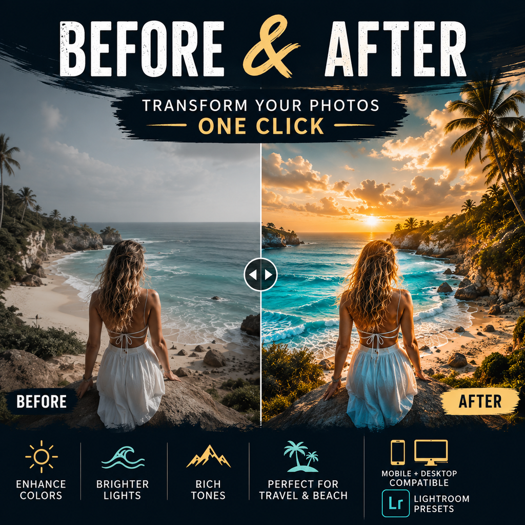 Promotional graphic for Lightroom presets showing a split before/after beach scene with a woman seated on a cliff, large text reading BEFORE & AFTER, and feature icons for enhanced colors, brighter lights, rich tones, and travel/beach suitability. Brand compatibility for Lightroom is visible.