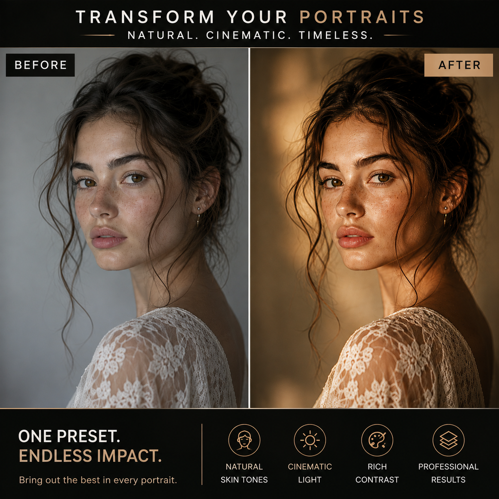 Before-and-after portrait editing comparison showing a woman's face with natural lighting on the left and cinematic warm lighting on the right, with text reading 'Transform Your Portraits' and 'One Preset. Endless Impact.
