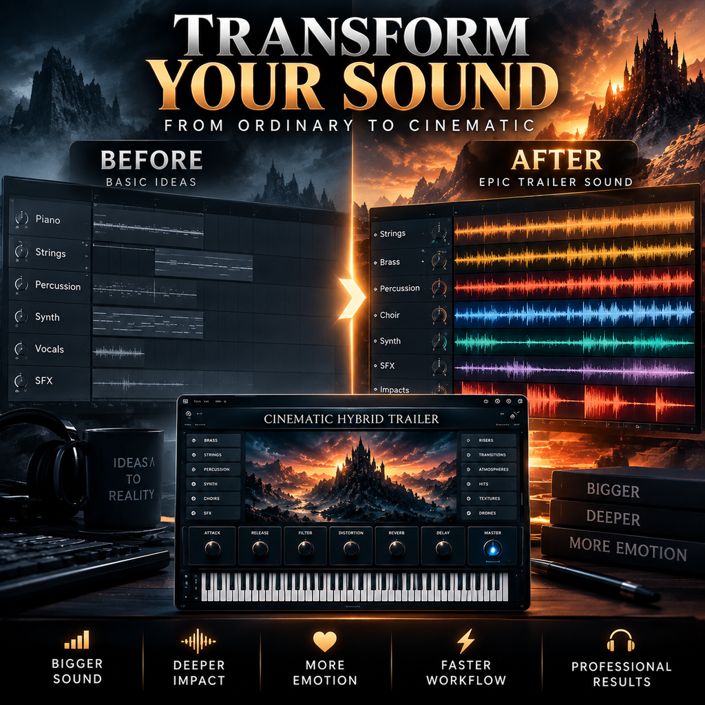 Promotional graphic for a cinematic hybrid audio trailer software or plugin, showing a central virtual mixer interface labeled 'CINEMATIC HYBRID TRAILER' with a keyboard and knobs, flanked by before/after waveform comparisons and marketing text such as 'Transform Your Sound' and 'From Ordinary to Cinematic.'.