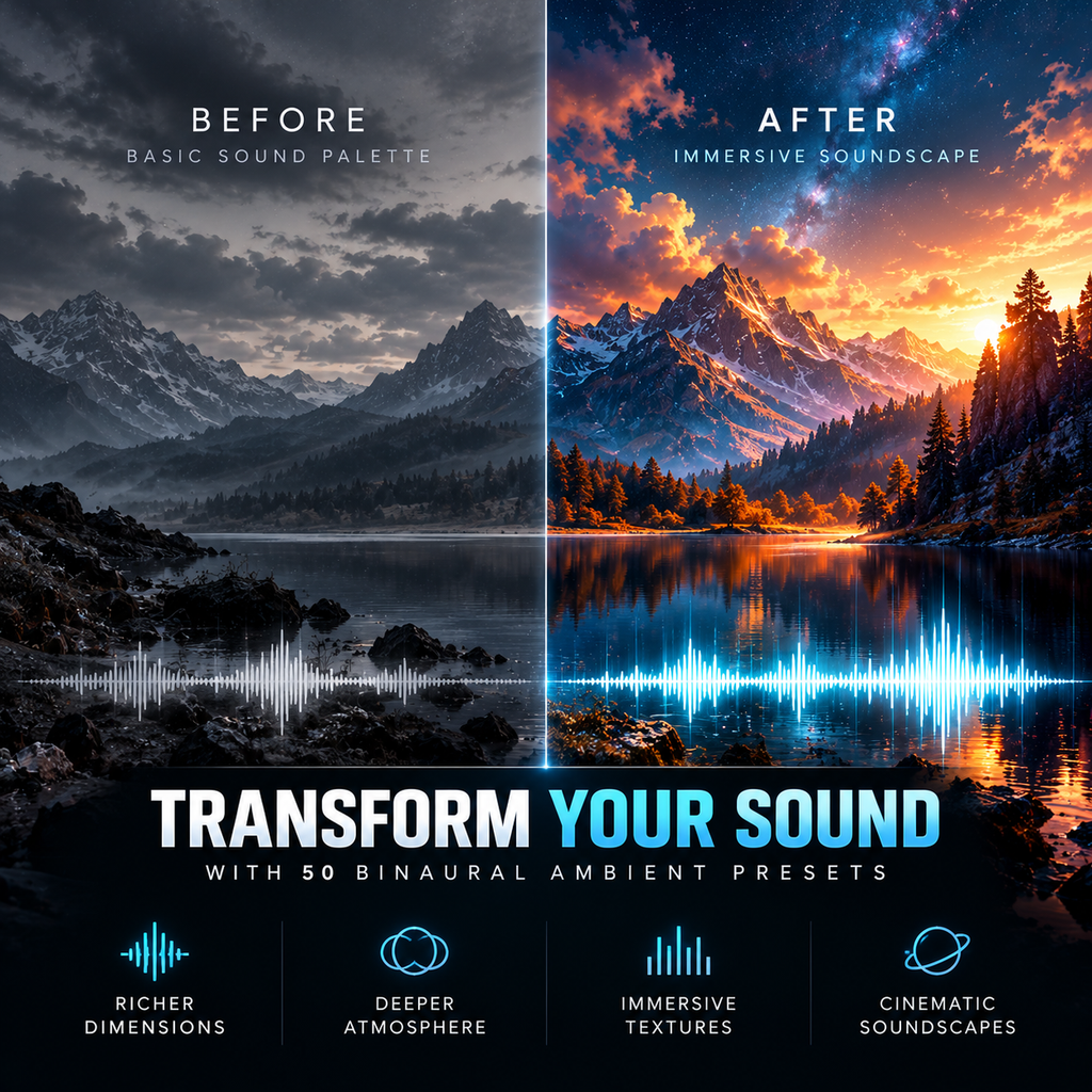 Before-and-after concept for 50 binaural ambient presets for Omnisphere 2 and 3, showcasing immersive cinematic soundscapes.