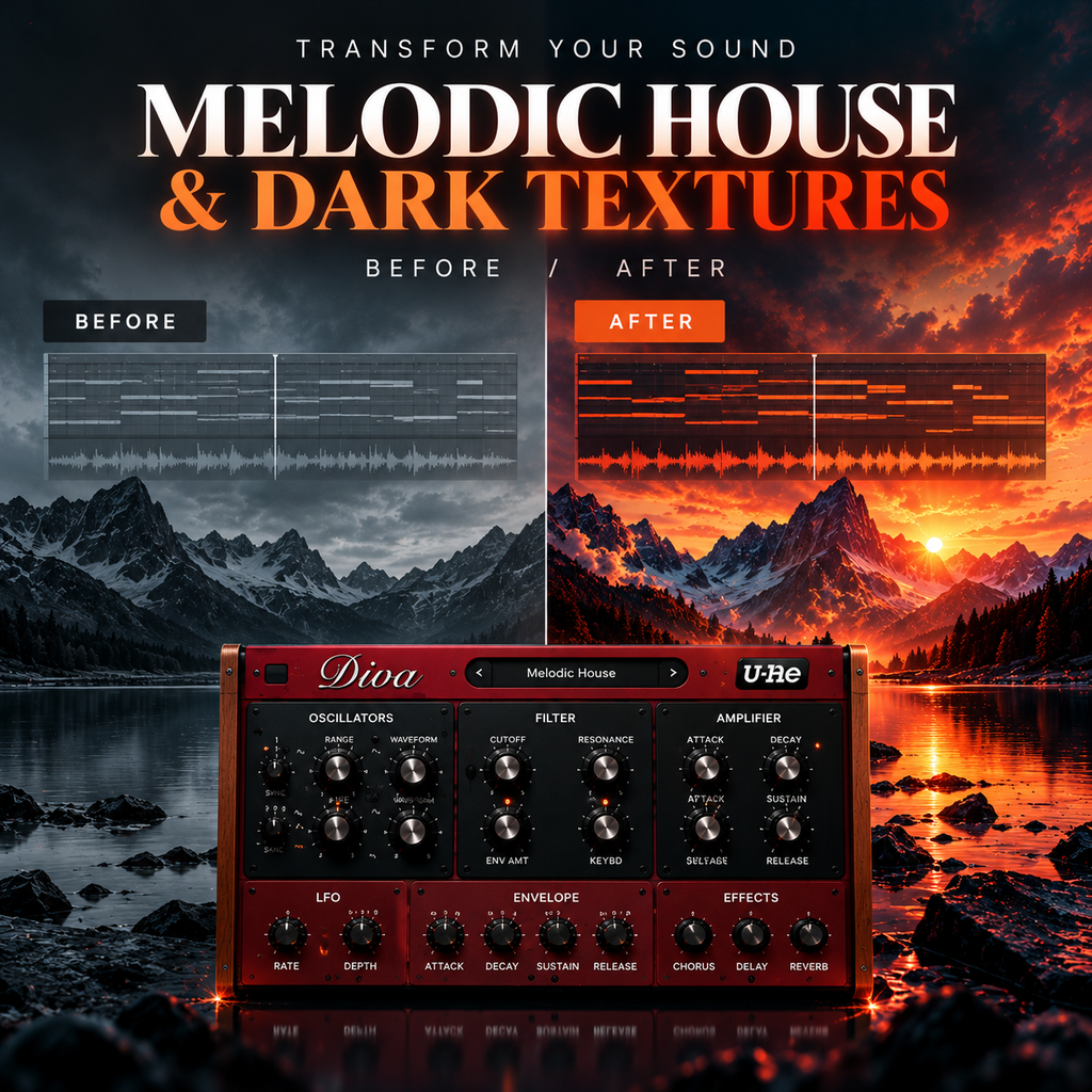 Promotional graphic for a sound design software plugin called 'Melodic House & Dark Textures' by URG. The image features a red and black 'Diva' virtual analog synth module at the bottom, with before-and-after soundwave visualizations and a dramatic orange sunset mountain landscape in the background.
