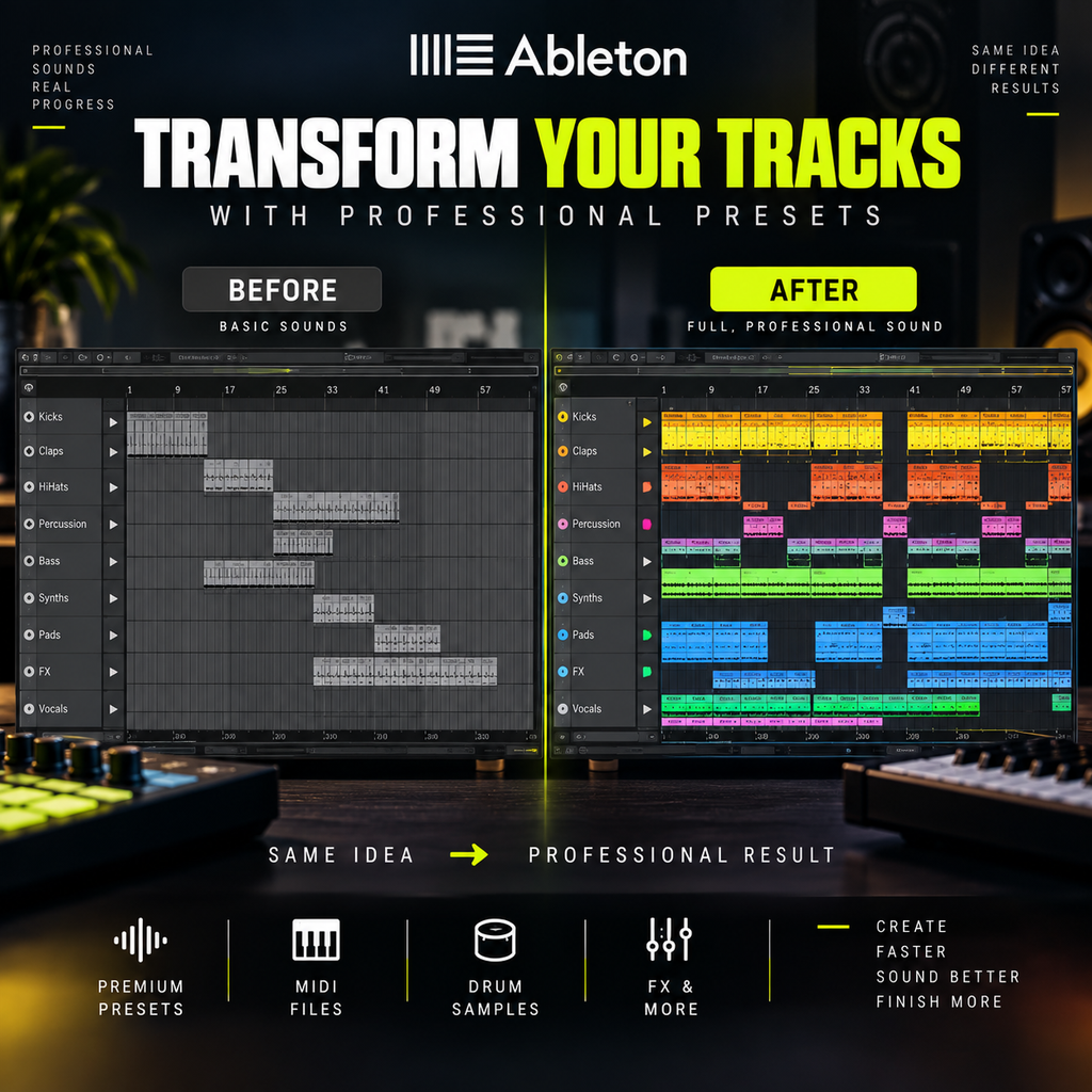 Ableton promotional graphic for a preset pack, showing a before-and-after comparison of a digital audio workstation track arrangement. The left side shows basic sounds, while the right side shows a colorful, professional arrangement.
