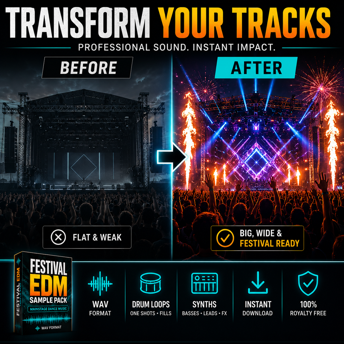 Promotional graphic for an EDM sample pack, showing a dark before-and-after concert stage scene. The left side is labeled 'BEFORE' and appears dim and flat, while the right side is labeled 'AFTER' and is bright with colorful stage lights, fireworks, and a crowd.