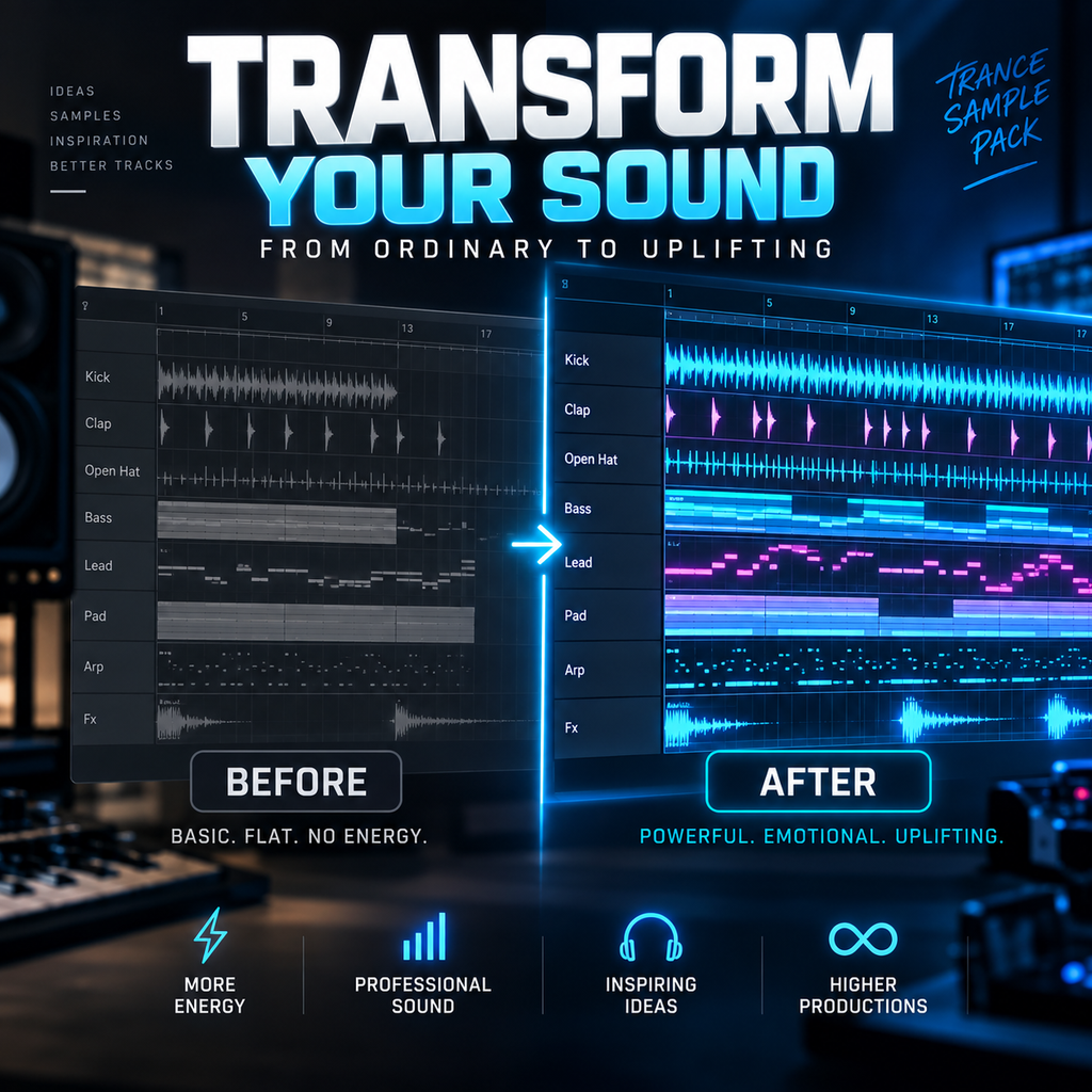 Promotional graphic for a trance music sample pack titled 'Transform Your Sound'. The design features a dark blue and black background with glowing neon blue and pink audio waveforms, showing a 'Before' and 'After' comparison of sound production.