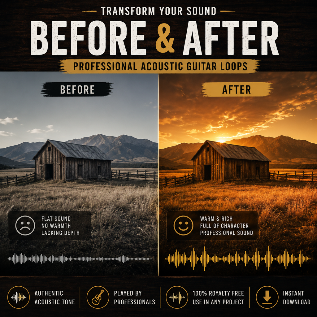 Before-and-after comparison showing richer, warmer sound from country folk acoustic guitar loops.