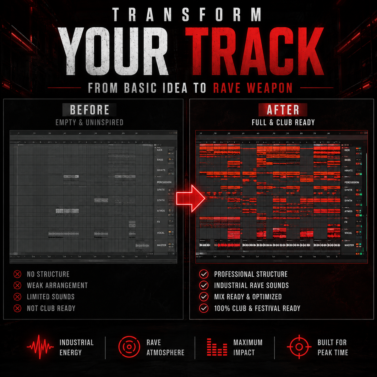 Promotional graphic for a music production software feature, titled 'Transform Your Track from Basic Idea to Rave Weapon'. The graphic shows a 'Before' and 'After' comparison of a track arrangement in a digital audio workstation.