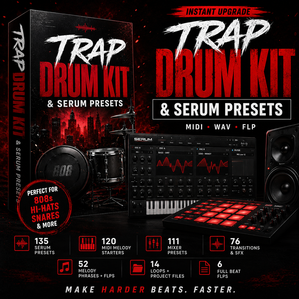 Promotional graphic for a digital product called 'Trap Drum Kit & Serum Presets', showing a software box, a modular synth, a MPC drum pad, speakers, and feature callouts on a dark red and black background.