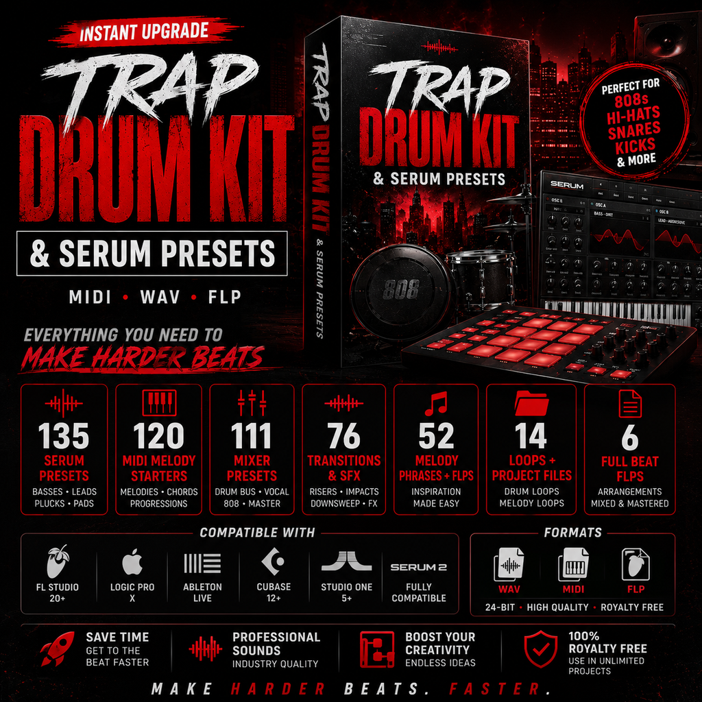 Promotional graphic for a Trap Drum Kit & Serum Presets digital audio plugin bundle, showing a large product box, a smaller matching box, and a red-and-black preset interface preview. Text highlights included presets, MIDI, WAV, and FLP formats, compatibility with FL Studio, Logic Pro, Ableton Live, and Studio One, and features like 135+ preset packs and 6 full-length tracks.