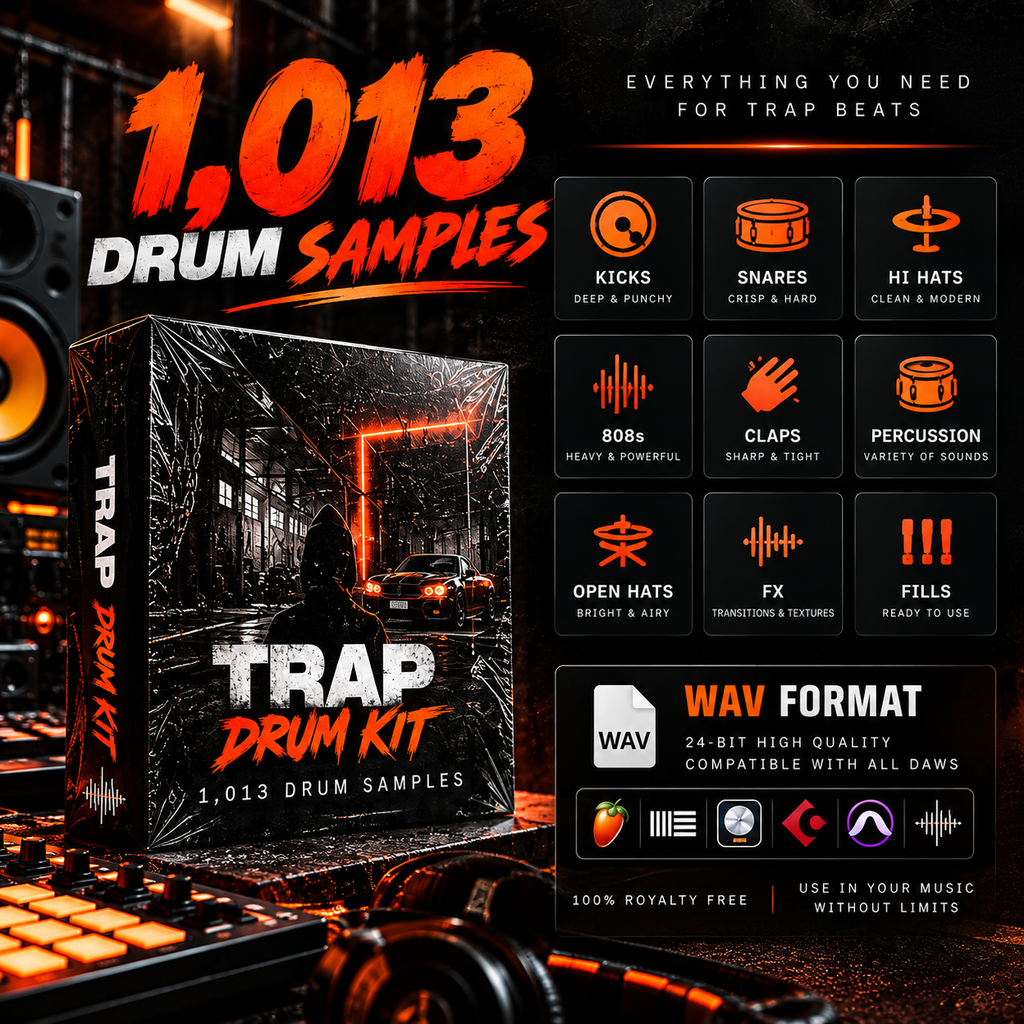 Promotional graphic for a 'Trap Drum Kit' containing 1,013 drum samples. The image features a 3D software box mockup wrapped in clear plastic on the left, set against a dark studio background with a keyboard and speakers.