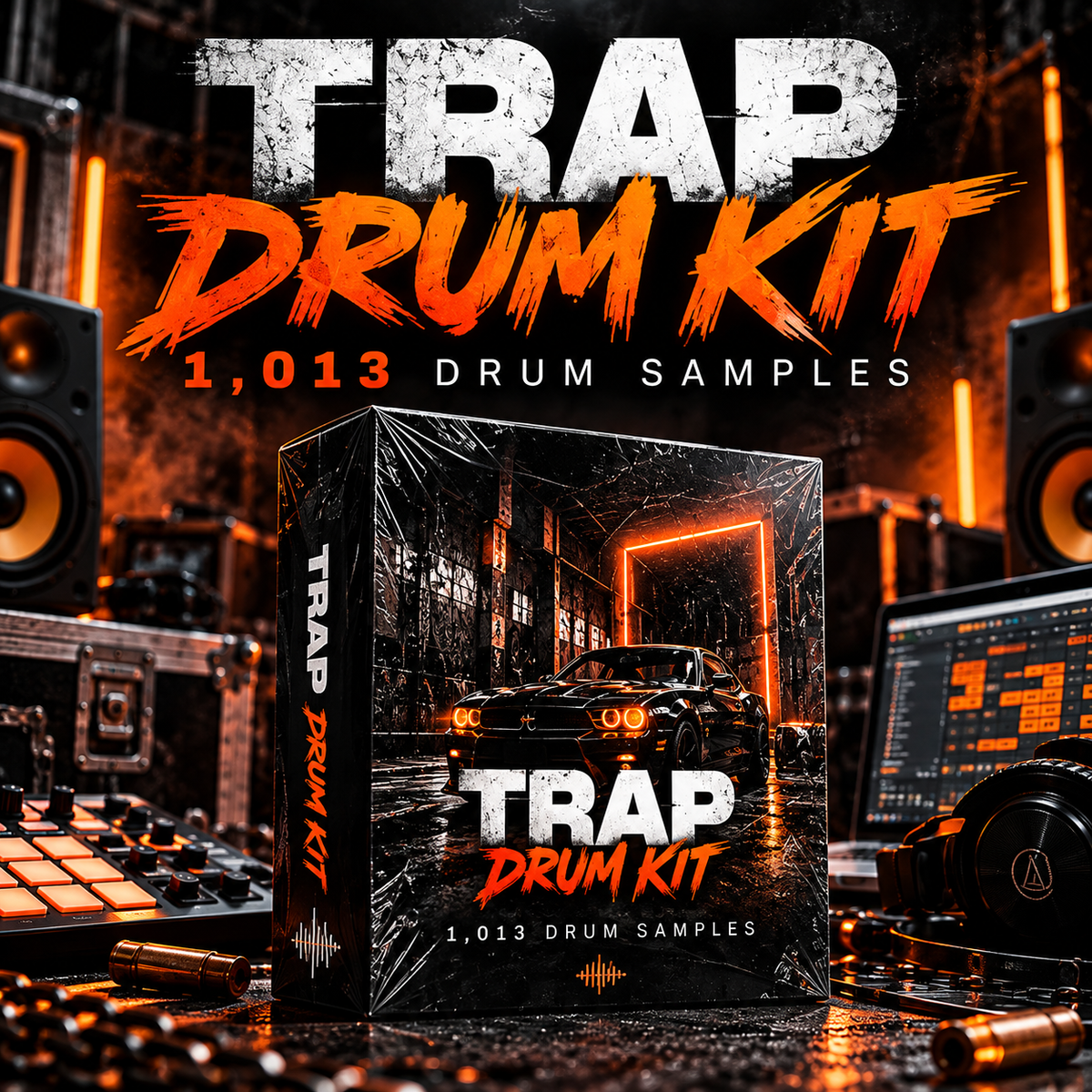 A boxed music sample pack titled "TRAP DRUM KIT" with "1,013 DRUM SAMPLES" displayed prominently in a dark studio setup. The box art shows a car in an industrial scene with orange neon lighting.