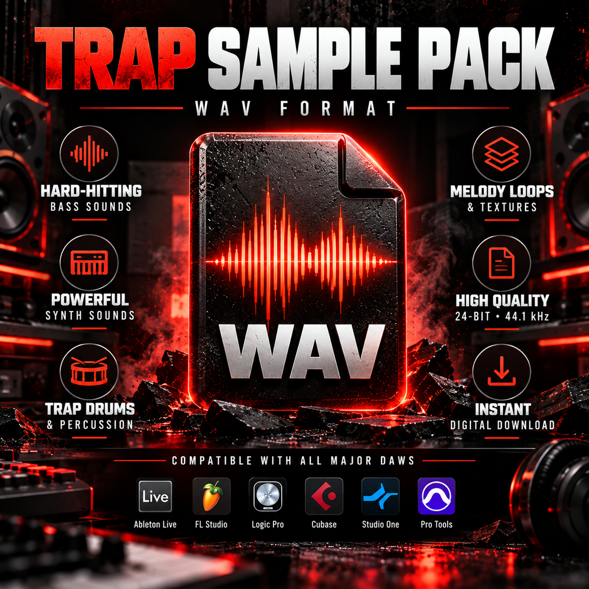 Promotional graphic for a 'TRAP SAMPLE PACK WAV FORMAT' digital product, featuring a central black file icon with a glowing red audio waveform and the word 'WAV'. The design includes red and white typography, circular feature icons for hard-hitting bass, melodic loops, trap drums, and high-quality audio, and compatibility logos for Ableton Live, FL Studio, Logic Pro, Cubase, Studio One, and Pro Tools.