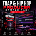 Promotional graphic for a 'Trap & Hip Hop Producer Sample Pack EDM Sounds' product, featuring a software box, a computer monitor with a digital audio workstation interface, a mixing board, and speakers on a dark stage setup. The text at the top reads 'TRAP & HIP HOP PRODUCER SAMPLE PACK' and the box highlights 'EDM SOUNDS'.