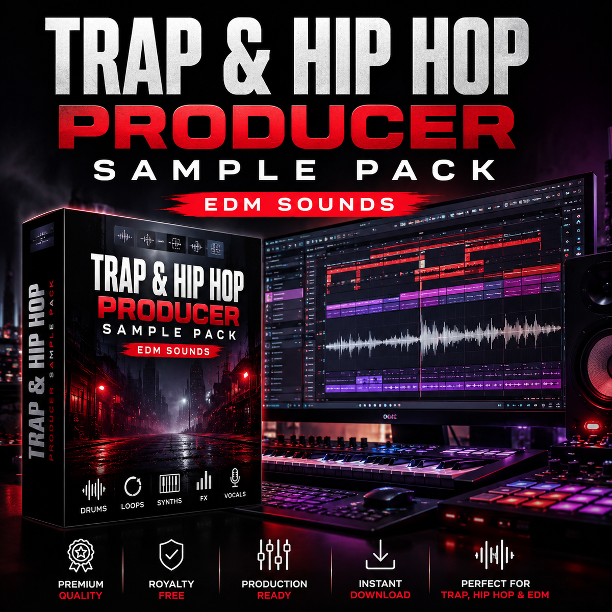Promotional graphic for a 'Trap & Hip Hop Producer Sample Pack EDM Sounds' product, featuring a software box, a computer monitor with a digital audio workstation interface, a mixing board, and speakers on a dark stage setup. The text at the top reads 'TRAP & HIP HOP PRODUCER SAMPLE PACK' and the box highlights 'EDM SOUNDS'.