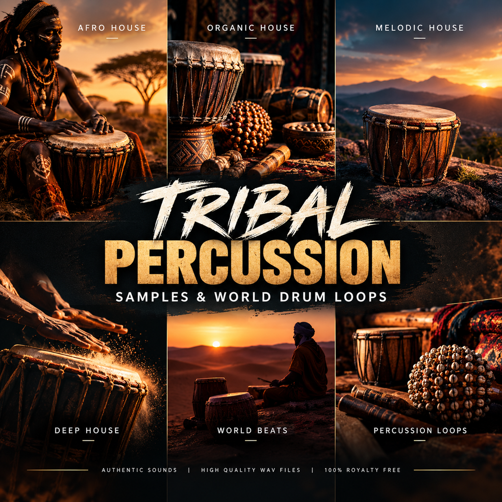 Promotional graphic for a percussion sample pack titled 'TRIBAL PERCUSSION' with six warm-toned panels showing drums, hand drums, percussion instruments, and people playing in sunset scenes. Text labels include Afro House, Organic House, Melodic House, Deep House, World Beats, and Percussion Loops.