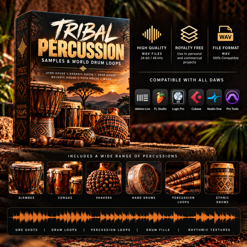 Promotional graphic for a digital sample pack titled 'Tribal Percussion Samples & World Drum Loops.' The design shows a branded box on the left with illustrated drums and a warm sunset scene, plus feature callouts on the right including high quality, royalty free, file format compatibility, and DAW software logos.