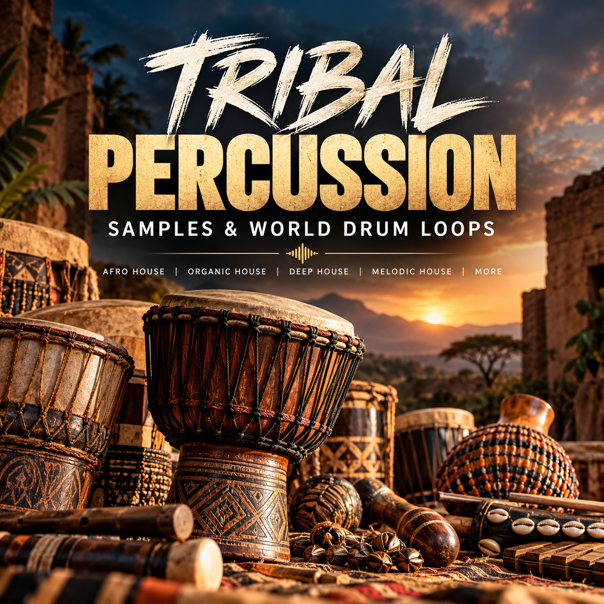 Promotional cover art for a music sample pack titled 'TRIBAL PERCUSSION' showing an assortment of traditional African drums and percussion instruments in a warm sunset outdoor setting with stone buildings.