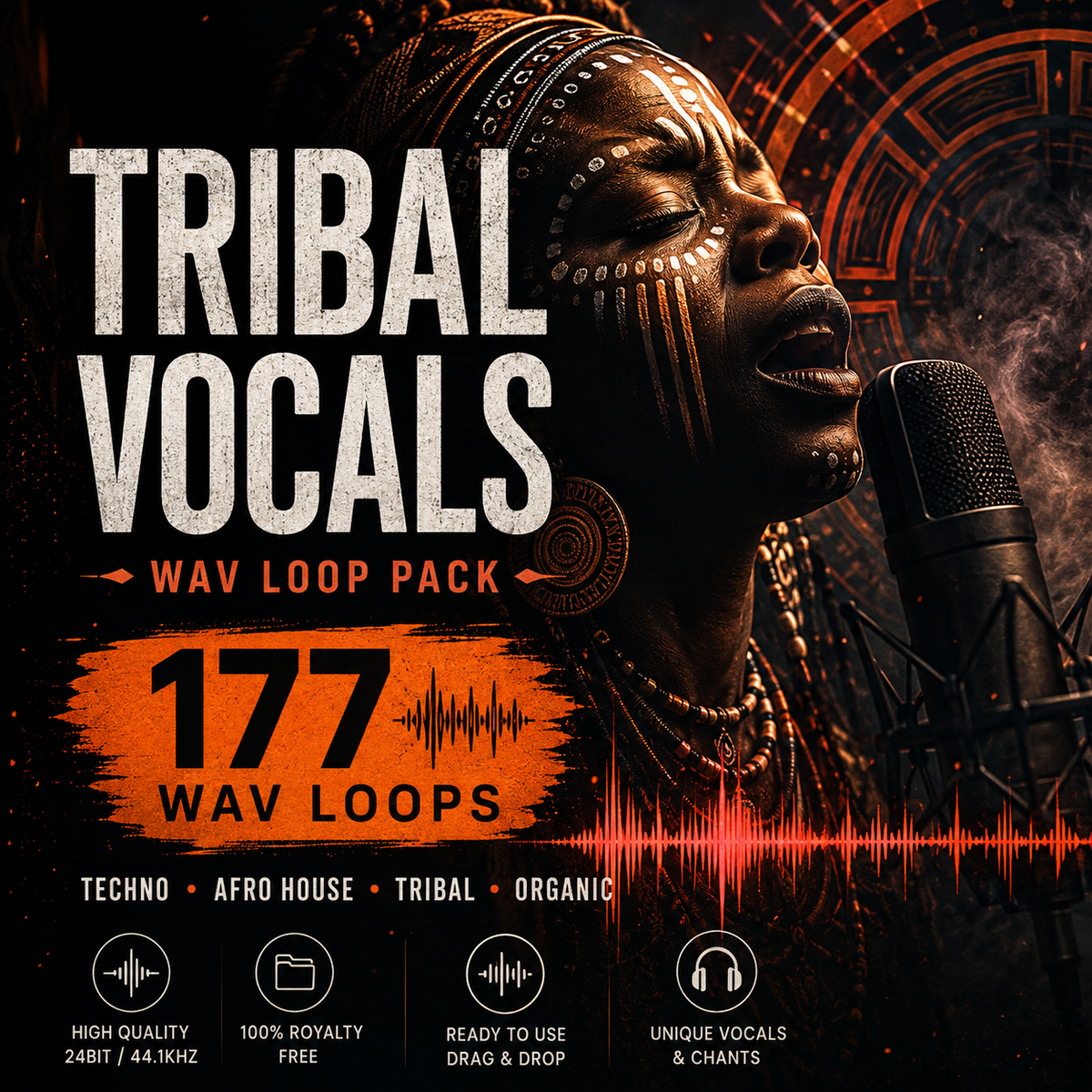 Promotional cover art for a music sample pack titled 'TRIBAL VOCALS WAV LOOP PACK' with '177 WAV LOOPS' in large text. The design features a dark, atmospheric portrait of a woman with traditional face paint and jewelry, a microphone, and orange soundwave graphics.
