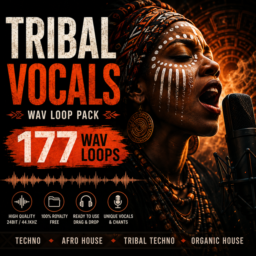 Promotional cover art for a 'Tribal Vocals WAV Loop Pack' featuring a close-up of a woman with face paint and traditional headwear singing into a microphone. The text highlights '177 WAV LOOPS' and lists compatible genres: Techno, Afro House, Tribal Techno, and Organic House.