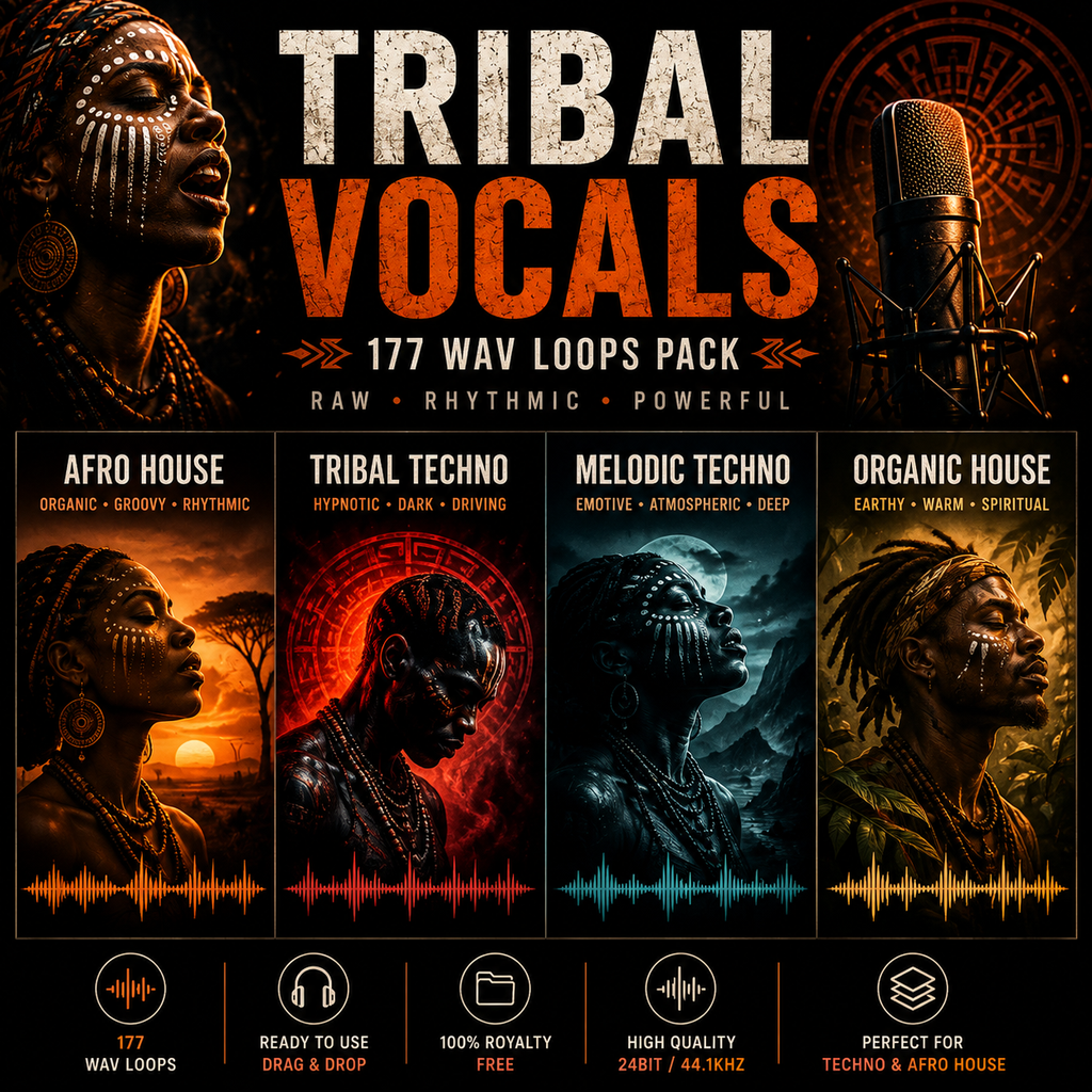 Promotional graphic for a 'Tribal Vocals 177 WAV Loops Pack' featuring four distinct sound categories: Afro House, Tribal Techno, Melodic Techno, and Organic House. The design uses a dark, high-contrast aesthetic with tribal face illustrations, a vintage microphone, and soundwave graphics.
