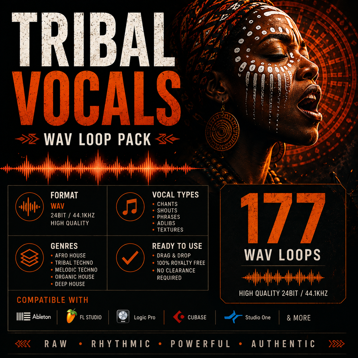 Promotional graphic for a 'Tribal Vocals WAV Loop Pack' featuring a woman with tribal face paint on the right side. The left side displays product details in a grid: format WAV (24bit/44.