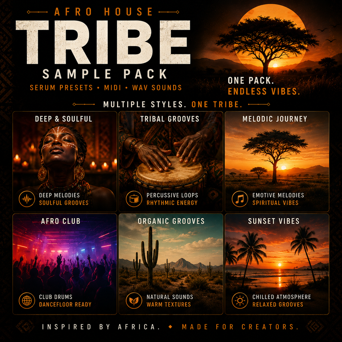 Promotional graphic for an Afro House Tribe sample pack, featuring six illustrated and photographed scene tiles with warm sunset tones, silhouettes of trees, instruments, and crowd energy. Large text reads 'AFRO HOUSE TRIBE SAMPLE PACK' with smaller copy about serum presets, midi, wav sounds, multiple styles, one tribe, and inspired by Africa made for creators.
