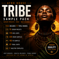 Promotional cover art for an Afro House Tribe Sample Pack, featuring a stylized portrait of a woman with traditional African jewelry against a sunset sky. Large text reads 'AFRO HOUSE TRIBE SAMPLE PACK' with feature callouts listing 717 total sounds, 70 serum presets, 110 midi loops, 320 drum samples, 183 fx samples, 32 tonal shots, and 2 Ableton templates.