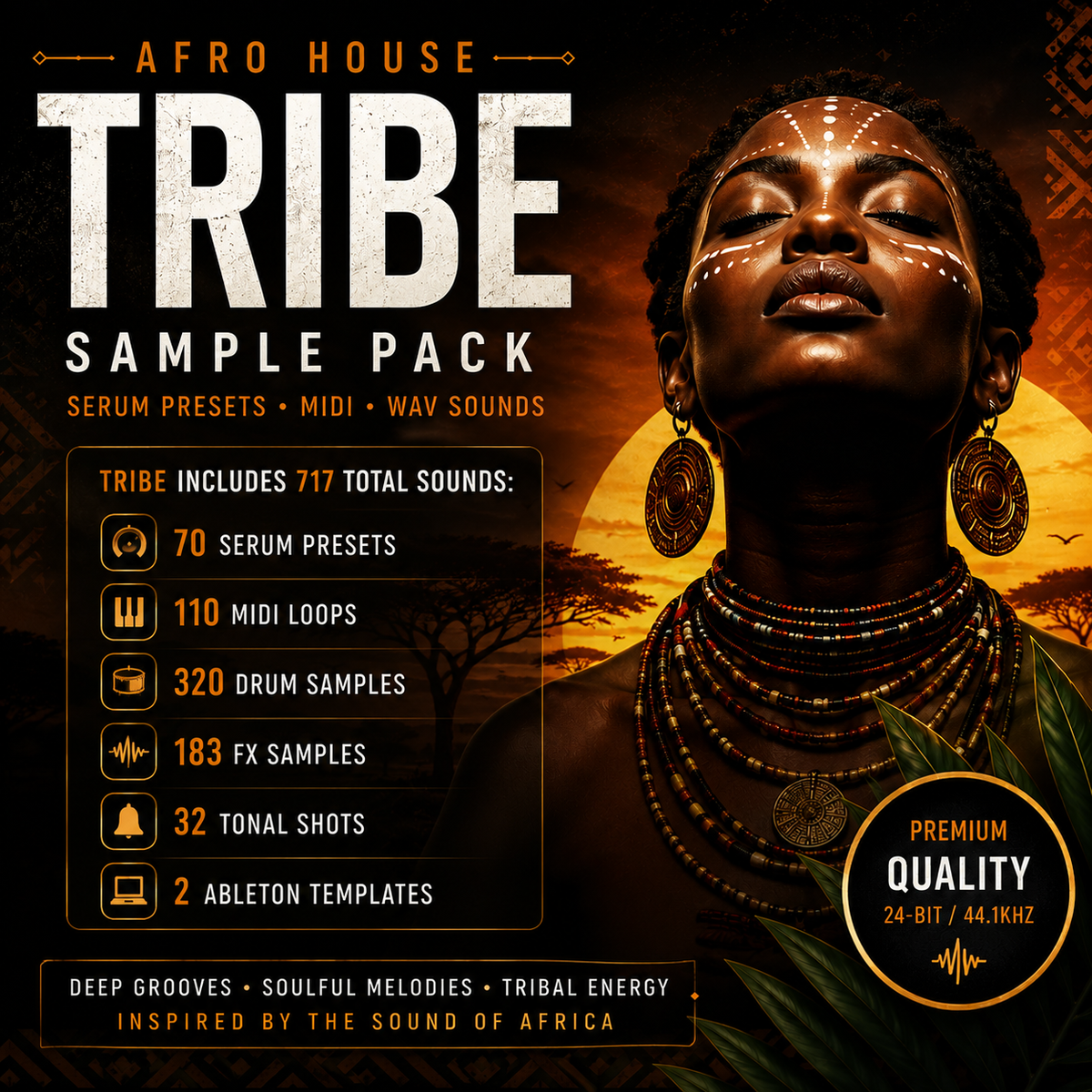 Promotional cover art for an Afro House Tribe Sample Pack, featuring a stylized portrait of a woman with traditional African jewelry against a sunset sky. Large text reads 'AFRO HOUSE TRIBE SAMPLE PACK' with feature callouts listing 717 total sounds, 70 serum presets, 110 midi loops, 320 drum samples, 183 fx samples, 32 tonal shots, and 2 Ableton templates.