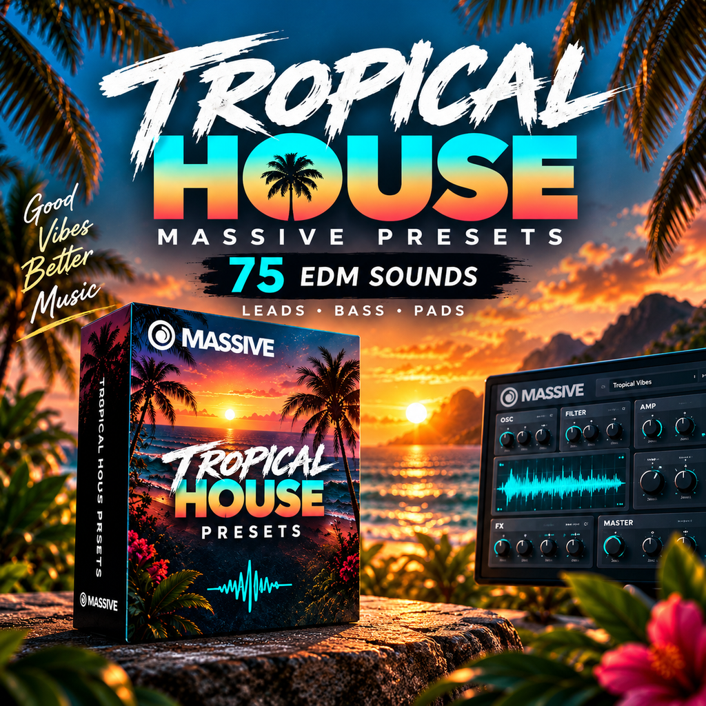 Promotional graphic for Massive Tropical House Presets, showing a software box and a virtual audio workstation interface set against a tropical beach sunset background with palm trees and flowers.