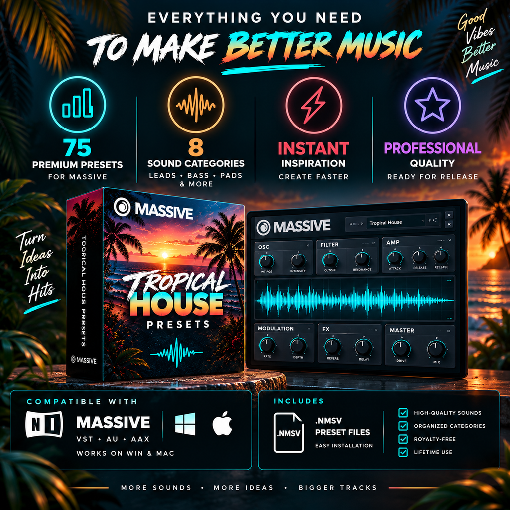 Promotional graphic for Massive Tropical House Presets, showing the product box, a virtual software interface, and marketing text on a tropical beach background. The image highlights 75 premium presets, 8 sound categories, instant inspiration, and professional quality.