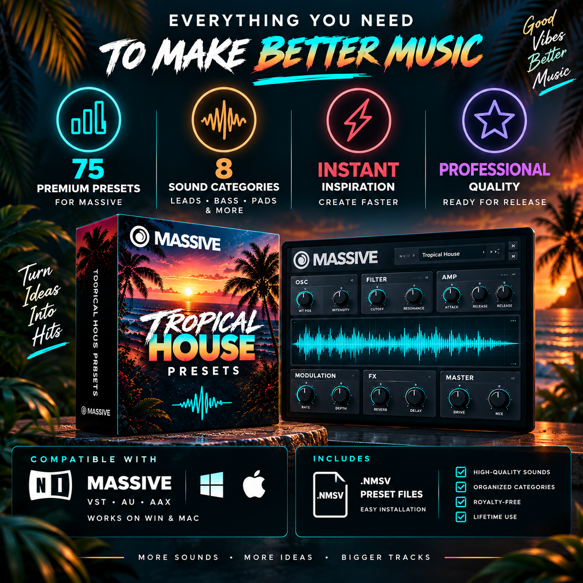 Promotional graphic for Massive Tropical House Presets, showing the product box, a virtual software interface, and marketing text on a tropical beach background. The image highlights 75 premium presets, 8 sound categories, instant inspiration, and professional quality.