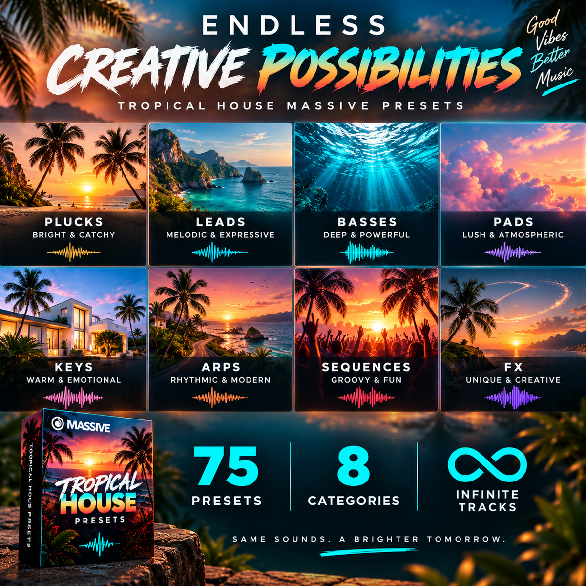 Promotional graphic for 'Endless Creative Possibilities - Tropical House Massive Presets' featuring a grid of eight tropical beach and sunset music sample categories, a software box cover, and feature callouts for 75 presets, 8 categories, and infinite tracks.