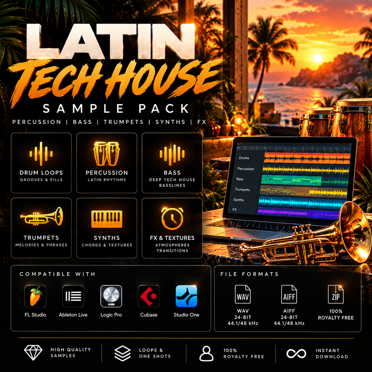 Promotional graphic for a 'Latin Tech House Sample Pack' featuring a laptop with audio waveforms, a brass trumpet, and tropical sunset scenery. The design includes sections for drum loops, percussion, bass, trumpets, synths, FX & textures, compatible software, file formats, and feature badges.