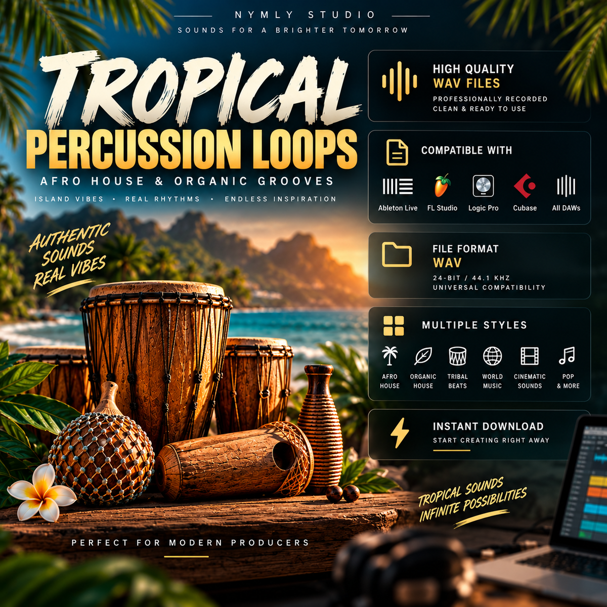 Promotional graphic for a digital music loop pack titled 'Tropical Percussion Loops' by Nyml Studio. The design features a tropical beach background with palm leaves, wooden percussion instruments, and a laptop.