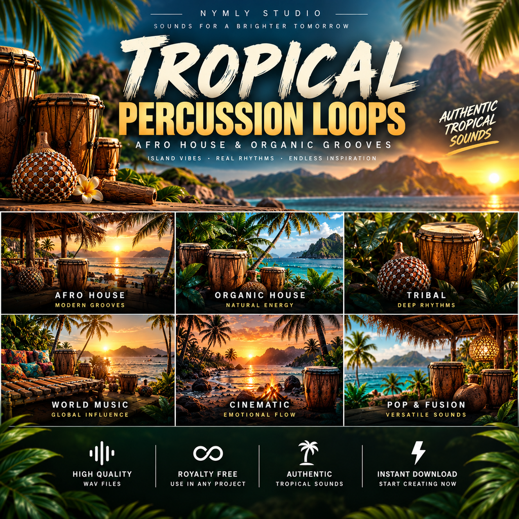 Promotional graphic for a digital audio loop pack titled 'Tropical Percussion Loops' by Nymly Studio. The design features a tropical beach and sunset scene with palm trees, drums, and beach umbrellas, with text highlighting Afro House, Organic House, Tribal, World Music, Cinematic, and Pop & Fusion styles.